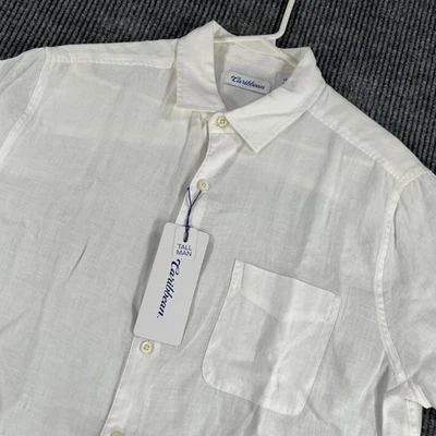 加勒比衬衫男式大号高白色短袖纽扣亚麻婚礼新品 — 第 1/4 张图片