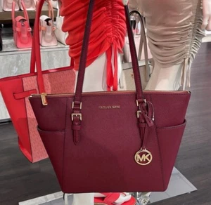 MICHAEL KORS CHARLOTTE LARGE LEATHER TOTE IN DARK CHERRY NWT - Picture 1 of 6