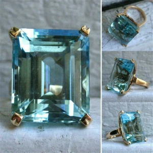 Natural Aquamarine Diamond Ring 14k Yellow Gold Women's Big Engagement Jewelry - Picture 1 of 15