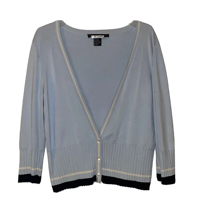 Yansi Fugel Blue Cream Navy Silk Blend Cardigan Sweater WITH TINY SPOT Size XL - Image 1 of 4