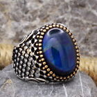 Men Blue Tiger Eye Ring Gemstone Anniversary Ring For Men Engraved Oval Cabochon