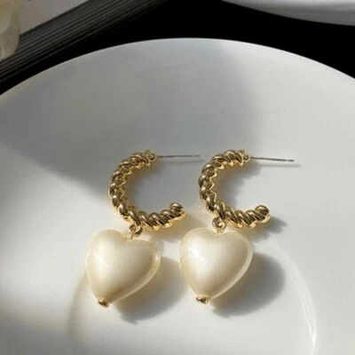 Great Yellow Gold Fashion Jewelry Hoop w/ Pearl Heart Charm Drop Dangle Earrings - Image 1 of 4