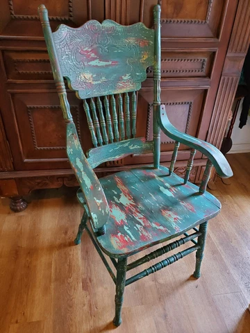 wooden chair with armrest, distressed turquoise blue finish, carved designs Cover