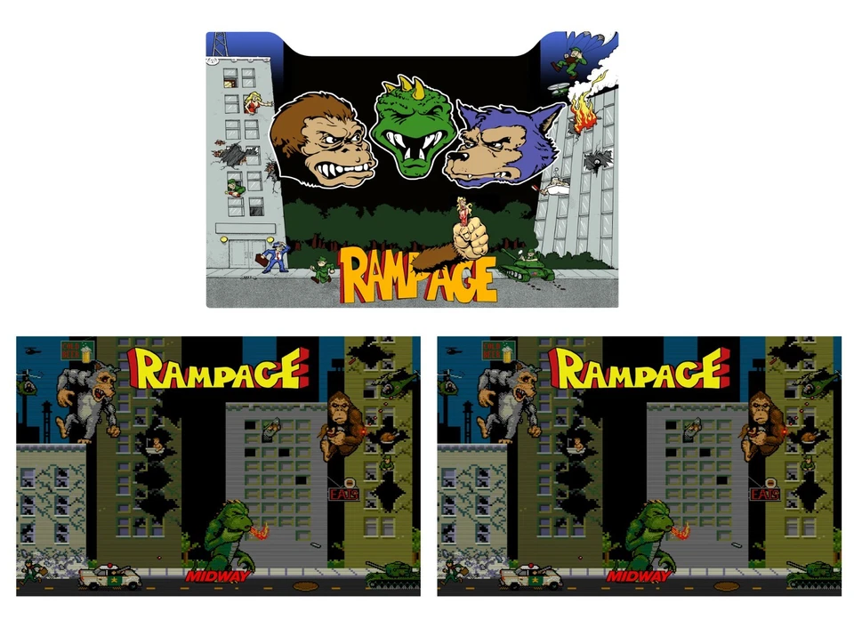 Rampage Arcade 1up Cabinet Riser  Sides Graphics Decals Stickers - Image 1 of 1