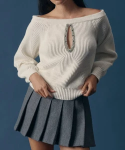 Anthropologie Maeve Embellished Asymmetrical Off Shoulder Keyhol Sweater Ivory L - Picture 1 of 11