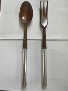 Vintage Teak & Sterling Mid Century Salad Serving Spoon & Fork Utensils Italy - Picture 1 of 7