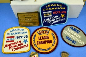 Twelve Vintage Bowling Items: Patches, Pins, Tie Tacks, Belt Buckle, Money Clip - Picture 1 of 12