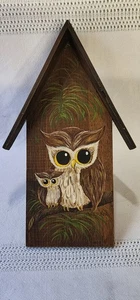 Handmade MCM OWL & Baby Wood wall hanger Big Eyes Farmhouse Retro Kitsch - Picture 1 of 7