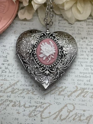 Corazón Plata Rosa y Blanco Encaje Medallón Rosa Collar Foto Novia Boda Novia Foto 1 de 4