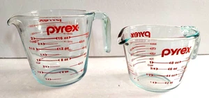 PYREX Glass Measuring Cups Red Lettering Open Handle 1 Cup & 2 Cup Lot Of 2 - Picture 1 of 3