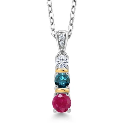 925 Silver and 10K Yellow Gold  Ruby Blue Diamond and White Moissanite Pendant - Image 1 of 3