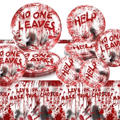 Juego de vajilla de suministros de fiesta sangrienta de Halloween Zombie impresiones de manos sangrientas y aterradoras... Foto 1 de 4