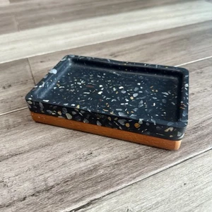 UGG Bathroom Sink Soap Holder Black Speckled  Wood Trinket Dish Tray - Picture 1 of 6