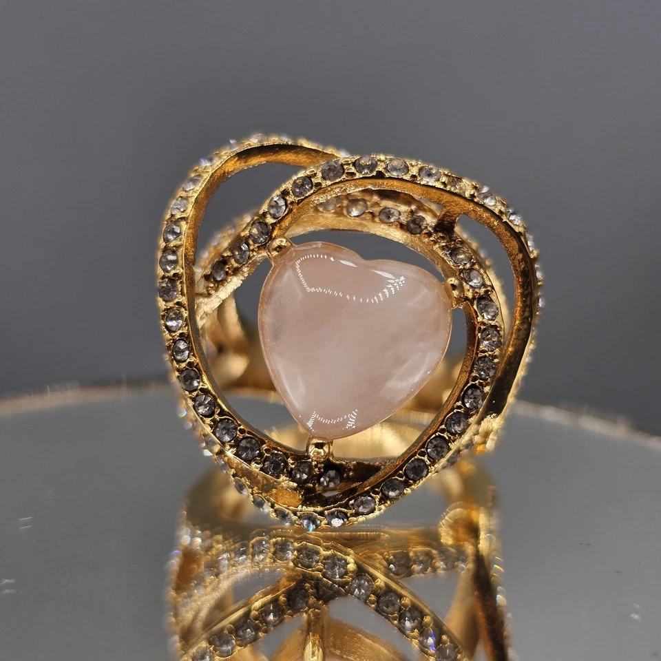 Rose Quartz Heart Ring Sz 8.5 Gold Tone Stainless Steel Missing Crystal Accent - Image 1 of 4