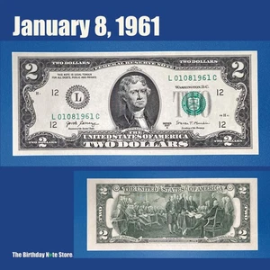 January 8, 1961 Birthday Anniversary $2 Two Dollar Bill Serial Number 01081961 - Picture 1 of 2