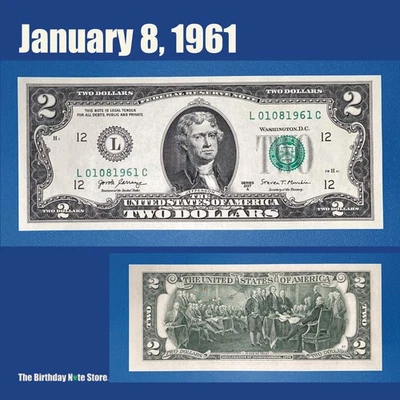 January 8, 1961 Birthday Anniversary $2 Two Dollar Bill Serial Number 01081961 - Image 1 of 2