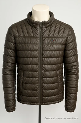 Tommy Hilfiger Chaqueta, Imitación Cuero Puffer, Marrón Acolchado Moto Chaqueta, Cremallera Frontal Foto 1 de 4