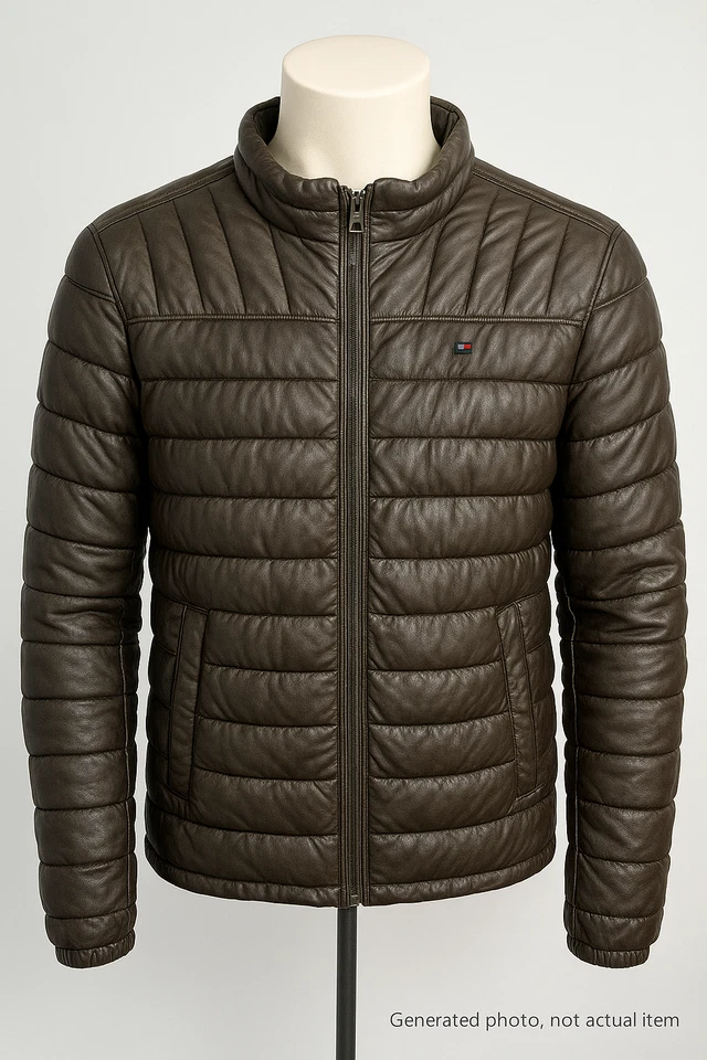 Tommy Hilfiger Chaqueta, Imitación Cuero Puffer, Marrón Acolchado Moto Chaqueta, Cremallera Frontal Foto 1 de 4