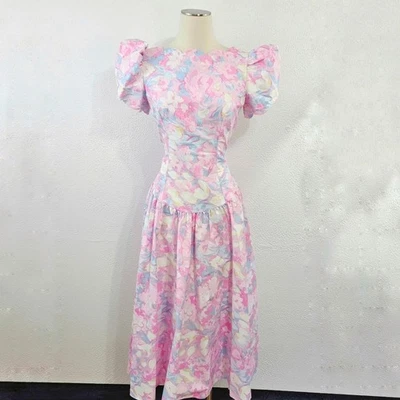 Vintage 80’s Alfredo Angelo Dress Garden Party Floral Pastel Puff Sleeves 11/12 - Image 1 of 4