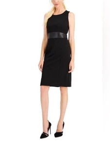 NWT Kasper Black Faux Leather Trim Sleeveless Sheath Dress Size 8P Career Office - Picture 1 of 12