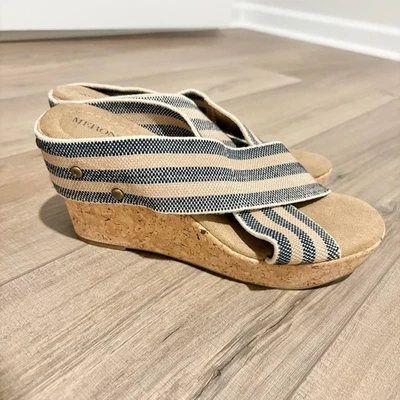 Merona Criss Cross Stud striped Cork Wedge Heels blue tan size 8 - Image 1 of 4