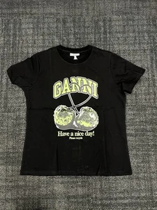 Black Ganni T Shirt Size M, With Green Cherry Graphic - Picture 1 of 6