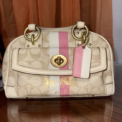 Cartera Coach Heritage pequeña abovedada a rayas caqui/rosa 13194 Foto 1 de 4