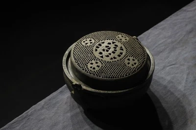 8.3" Antique Chinese Bronze Hand Warmer – Pierced Floral Lid, Qing Dynasty - Image 1 of 4