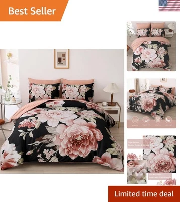 Juego de Edredón Negro King Size 7 Piezas Rosa Floral Cama en Bolsa, Cama Completa... Foto 1 de 4