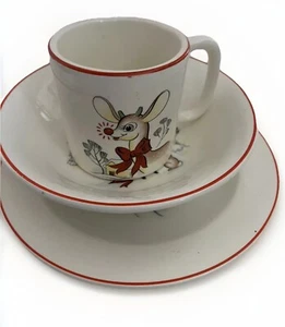 RLM Rudolph rotnasiges Rentier 1940er 3-teiliger Kinderteller, Schüssel, Becher Set Vintage - Bild 1 von 9