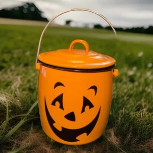Hallmark Enamel Ware Ice Bucket Halloween Jack O' Lantern Pumpkin Decor Pail - Picture 1 of 7