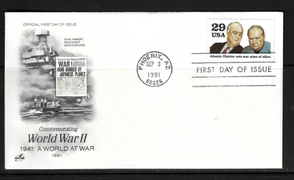 USA  SC # 2559d Atlantic Charter Sets War Aims FDC - WW II - . Artcraft Cachet - Image 1 of 1