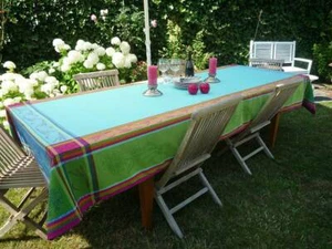 Tablecloth Jacquard Cotton 63x118 1/8in Turquoise Green France Mit Teflonschutz - Picture 1 of 5