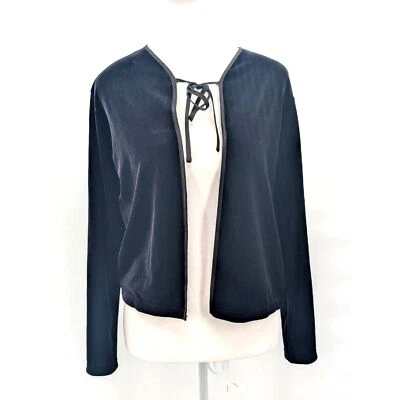 Cárdigan DKNY Terciopelo Corbata Frontal Abierto Manga Larga Negro Borde Satinado Talla Grande Foto 1 de 4