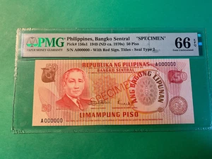 PHILIPPINES 1970's 50 PISO SPECIMEN A000000 P-156s1 PMG GEM UNC 66 EPQ - Picture 1 of 2