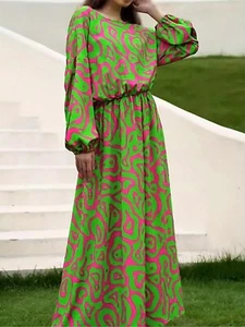 Women's Chic Abstract Printing Dress Crew Neck Long Sleeve Hem Long Dresses - Picture 1 of 4