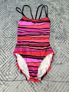 Ladies Swimsuit Size 6 SPEEDO 1 Pc Tank Red, Hot Pink ,Black Stripe Beach Summer - Picture 1 of 9