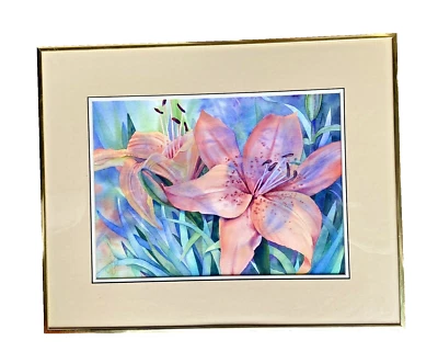 Pintura acuarela flor/lirio original enmarcada vintage, JR 1992 20" X 16" Foto 1 de 4