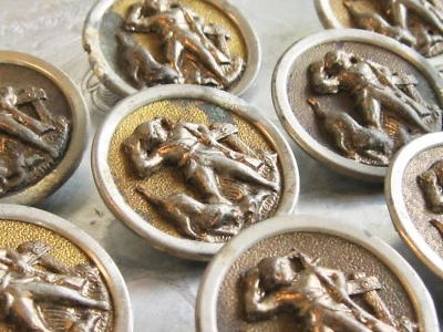 COLLECTION / LOT OF 8 LARGE METAL ANTIQUE PICTURE FIGURAL BUTTONS HUNTER & DOG - Image 1 of 4
