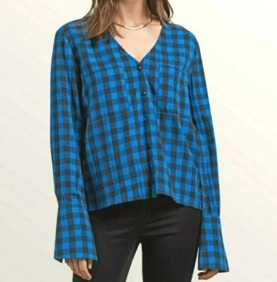 Volcom Buffalo Plaid V Neck Bell Sleeves Shirt Blouse Check Blue Black Medium M - Image 1 of 4