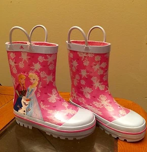 Disney Frozen Rain Boots With Elsa Anna Olaf Snow Flakes Pink Blue 11/12 New - Picture 1 of 7