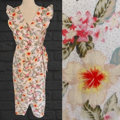Платье миди Rebecca Taylor размер 6 гавайское с цветочным рисунком с искусственным запахом с оборками без рукавов - Изображение 1 из 4