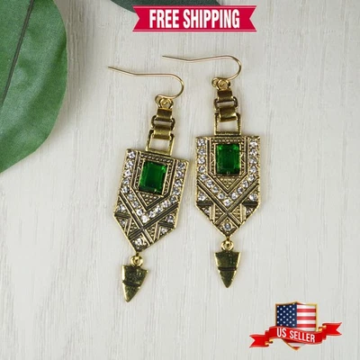 Pendientes Boho Azteca Vintage Art Deco Oro y Verde, Alambres para Orejas Oro 18K Foto 1 de 4