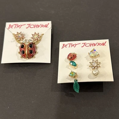 Betsey Johnson Ladybug Garden Jewelry Set Necklace + Mismatch 6 Earring Set - Image 1 of 3