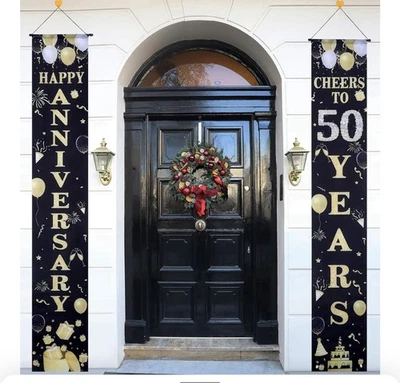 Banner de porta feliz 50º aniversário alegria 50 anos preto e dourado 70 x 11,8 - Imagem 1 de 3