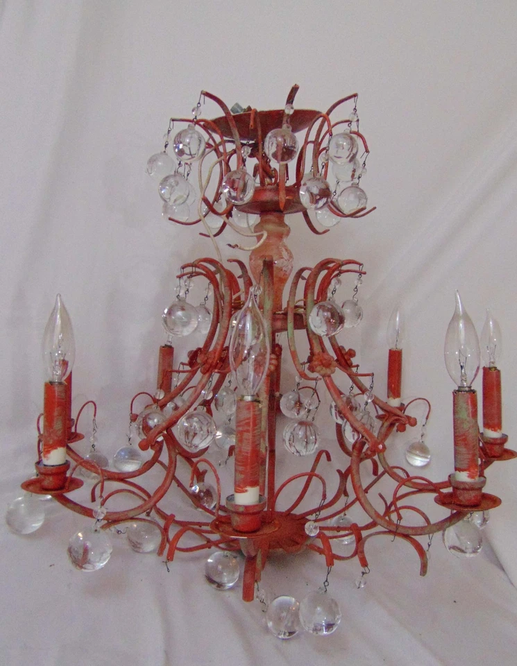 Shabby Chic Red Metal Crystal Ball Chandelier Lighting Lamp Mid C MCM Boho 50's - Image 1 of 4