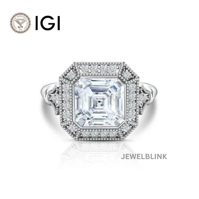 3 Carat Asscher Cut CVD Lab Grown Diamond Vintage Style Halo 14K White Gold Ring - Image 1 of 4