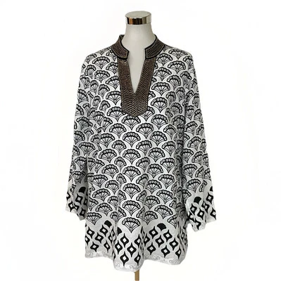 Top túnica Soft Surroundings talla 1X negro blanco estampado algodón con cuentas escote  Foto 1 de 4