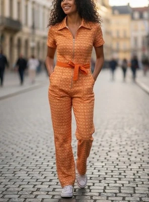 Authentic 70s Chic Costume Orange Jumpsuit Smiffys Retro Pattern Zip Closure Bel - Image 1 of 4