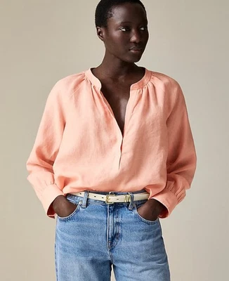 J. Crew Cabana Top in Linen Long Sleeve V-Neck Pink Flowy Blouse Small New $98 - Image 1 of 4